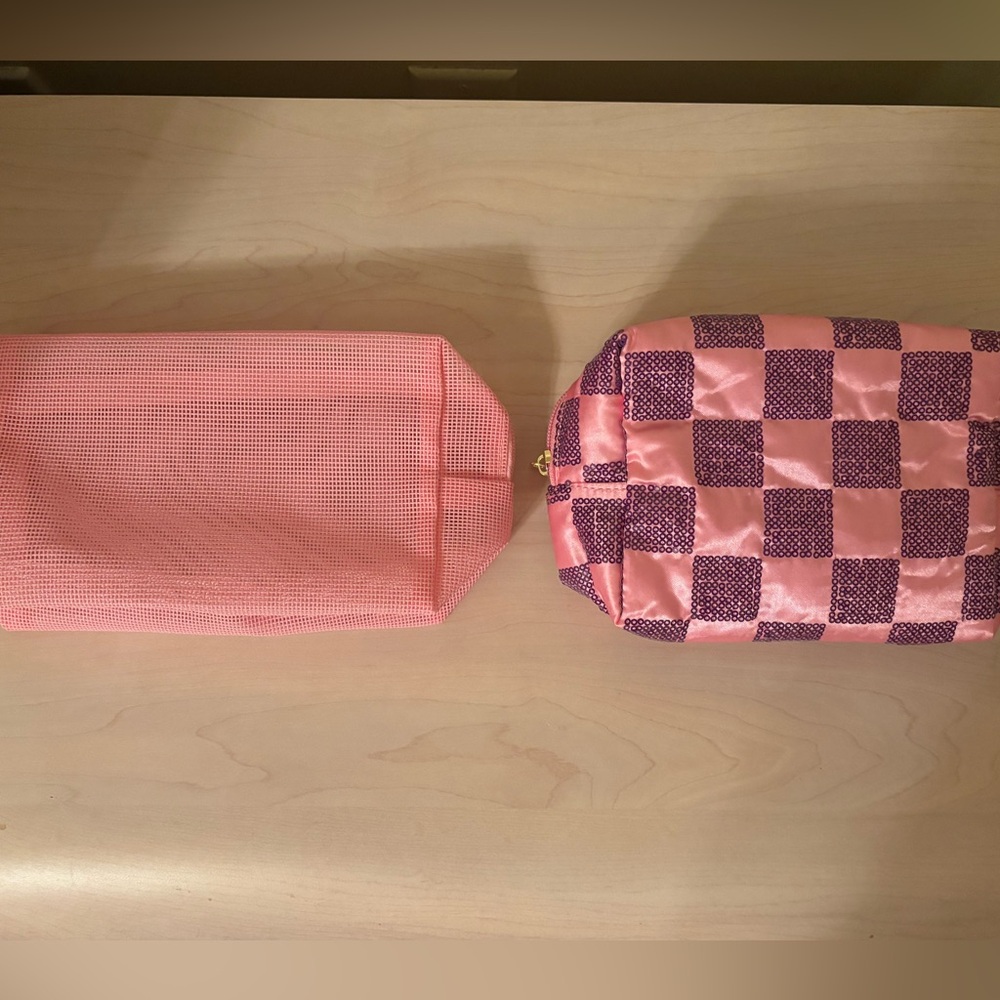 Sale! New Pink Net- Like Cosmetic Bag &  Pink & Purple Sequin Case 2 Piece Set